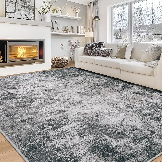 8x10 Area Rugs for Living Room Rug Washable: Modern Large Rug for Dining Room Bedroom Carpet Non Slip 8 by 10 Indoor Abstract Nursery Home Office Black