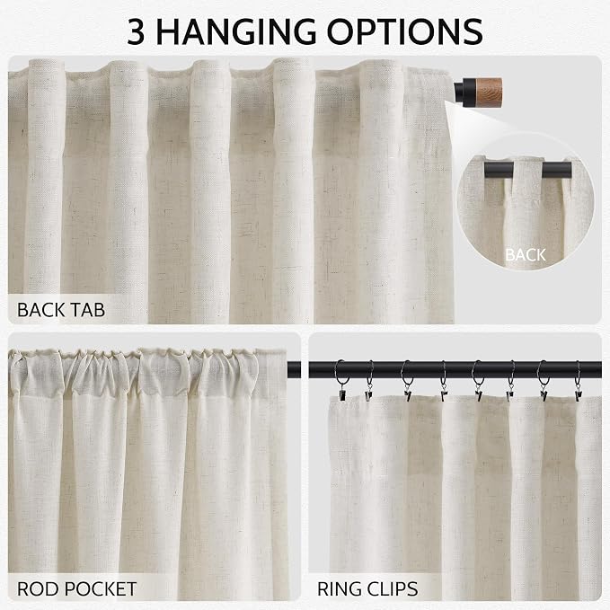 Nanspring Mousse White Linen Curtains 84 Inches Long for Living Room Light Filtering Semi Sheer Curtain Back Tab Simple Modern Elegant Luxury Coastal Decor Drapes for Bedroom Office 52x84,2 Panels