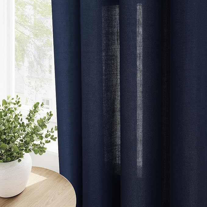 Nanspring Navy Blue Linen Curtains 108 Inch Length 2 Panel Set for Living Room Grommet Light Filtering Semi Sheer Window Curtain Farmhouse Decor Floor to Ceiling Drapes for Dining Room 52x108