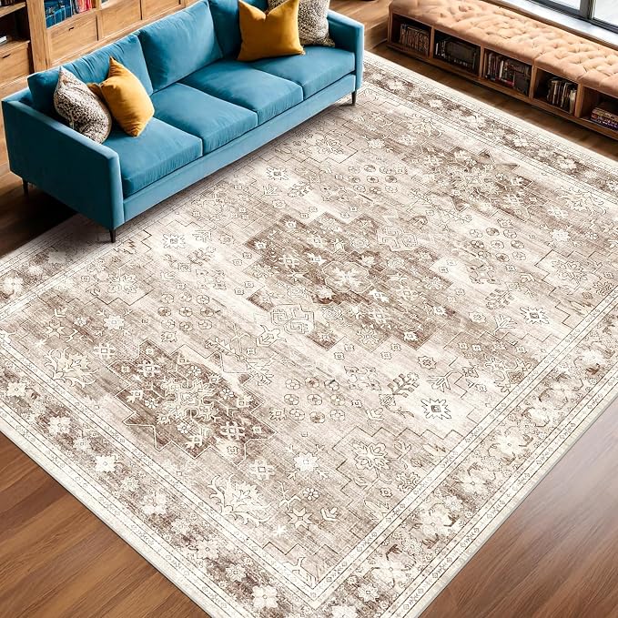 Hazo Haus Beige Farmhouse Washable 7x10 Area Rugs for Living Room, Bedroom, Dining Room Table, Vintage Floral Décor, Non-Slip Stain & Fade Resistant (7x10 Beige/Latte)