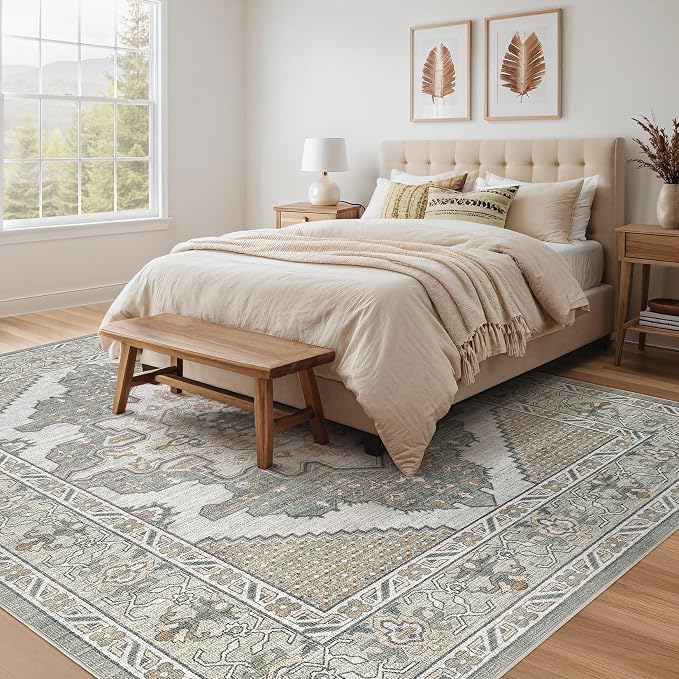 Tortania Area Rug Living Room Rugs - 6x9 Washable Boho Rug Vintage Oriental Distressed Farmhouse Large Thin Indoor Carpet for Living Room Bedroom Under Dining Table Home Office - Sage Green