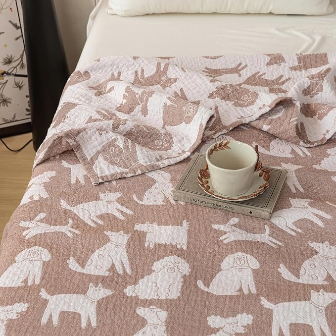 MEJU Dogs Puppy Brown Kids Muslin Lightweight Blanket for Bed Sofa Couch 100% Combed Cotton 3 Layer Soft Warm Reversible Throw Blanket Bedspread Bed Coverlet (Animals, F/Q 80 in x 90 in)