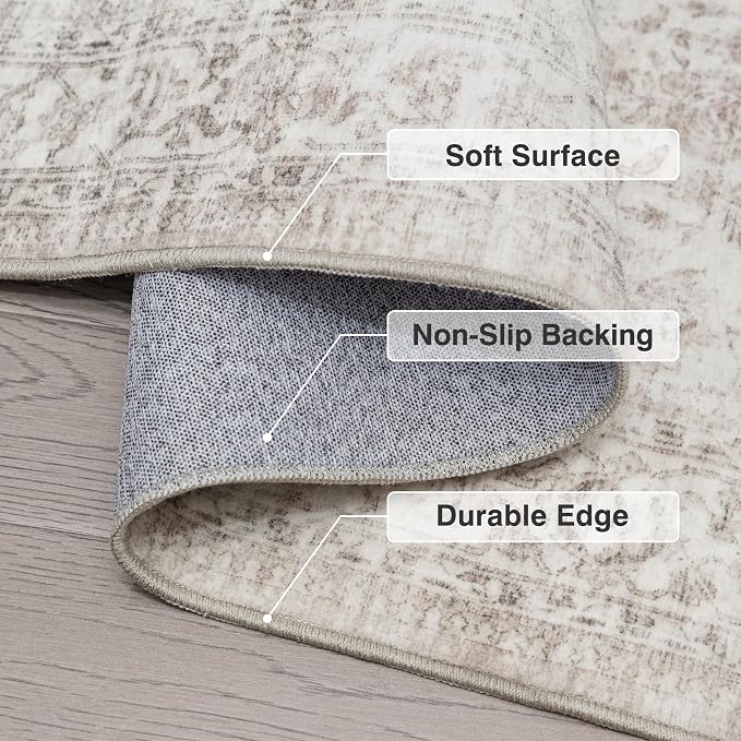 FMFUNCTEX 7x10 Washable Area Rug Beige Vintage Neutral Distressed Large Non Slip Carpet for Living Room Bedroom Soft Low Pile Indoor Mat Retro Floral Thin Rug for Dining Room Kitchen Office Nursery