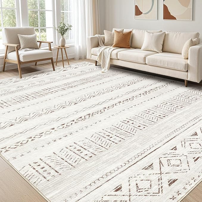 cotiled 12x15 Area Rug Living Room: Washable Boho Rugs with Non Slip Backing Large Soft Indoor Stain Resistant Carpet for Bedroom Farmhouse Dining Room Lightweight Home Decor L Brown/Cream