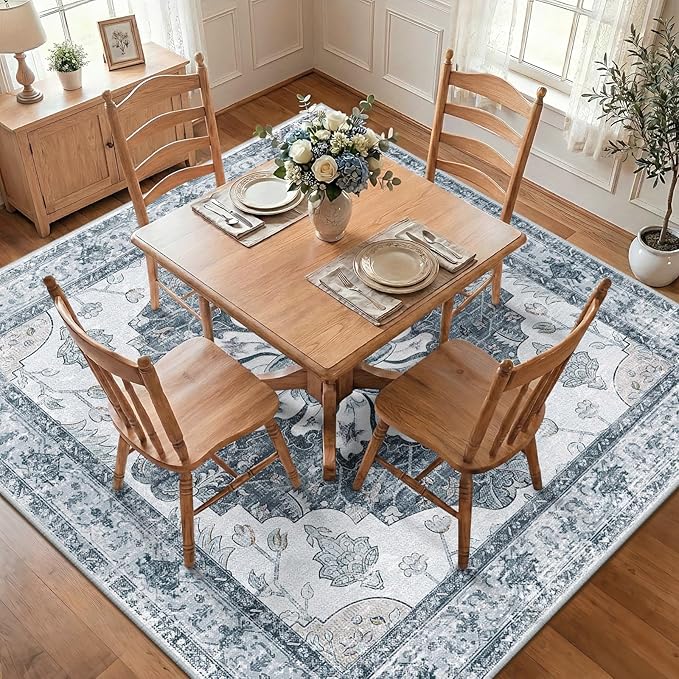 RELEANY Area Rugs Square 8ft Washable Non-Slip, Floral Vintage Distress Print Pattern Medallion Carpet for Living Room Bedroom Dining Room, Light Gray Grey White