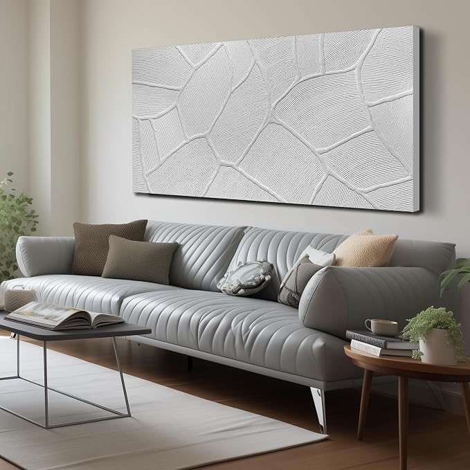 DNIEOTU Abstract Textured Canvas Wall Art for Living Room, White Wall-Decor for Bedroom, Modern Minimalist Geometric Paintings for Hallway Office, Size 72 x 36 Inches Hand Painted