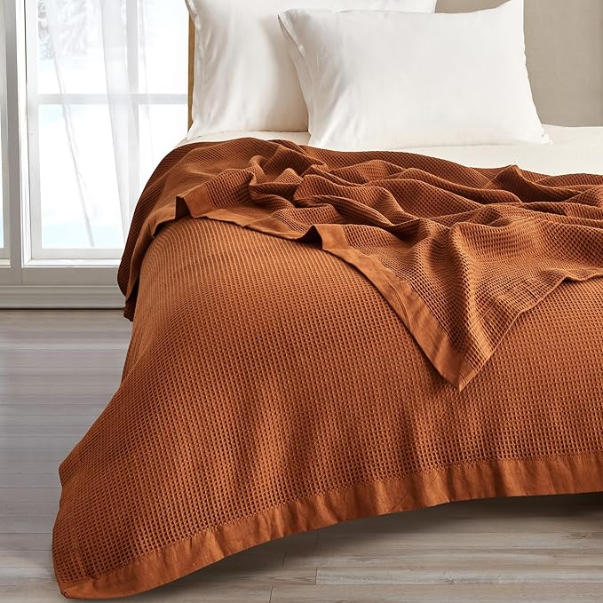 Great Bay Home 100% Cotton Blanket for King Size Bed | Lightweight and Breathable Waffle Weave Blankets for Summer & Spring | Versatile, Layering Orange Bed Blanket, Terracotta, 102x90 inches
