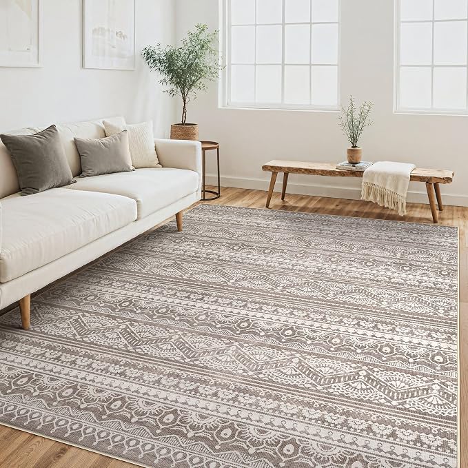 Tortania Area Rug Living Room Rugs - 6x9 Washable Large Soft Neutral Boho Moroccan Bohemian Farmhouse Rug Indoor Floor Carpet for Bedroom Under Dining Table Home Office Decor - Dark Brown