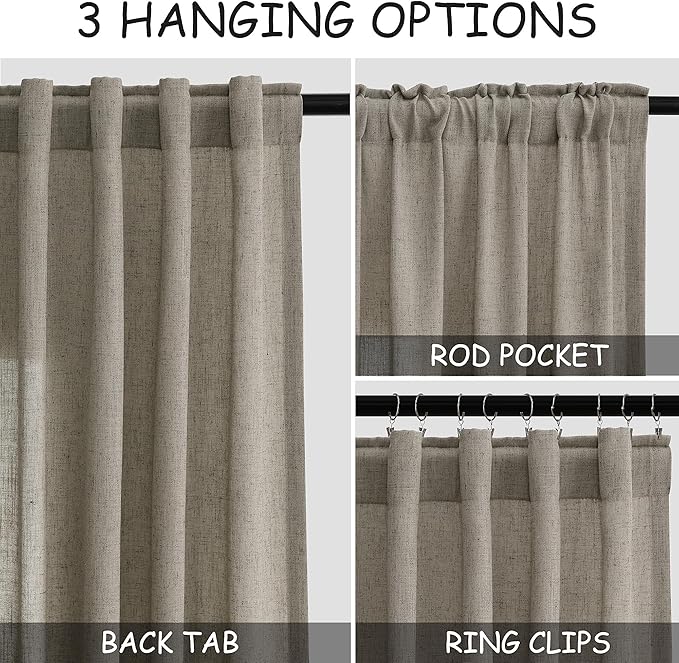 Nanspring Mocha Linen Cafe Curtains 30 Inch Length Privacy Light Filtering Semi Sheer Front Door Small Window Curtain Back Tab Rod Pocket Pleated Short Drapes for Bathroom Kitchen Basement RV 30Wx30L