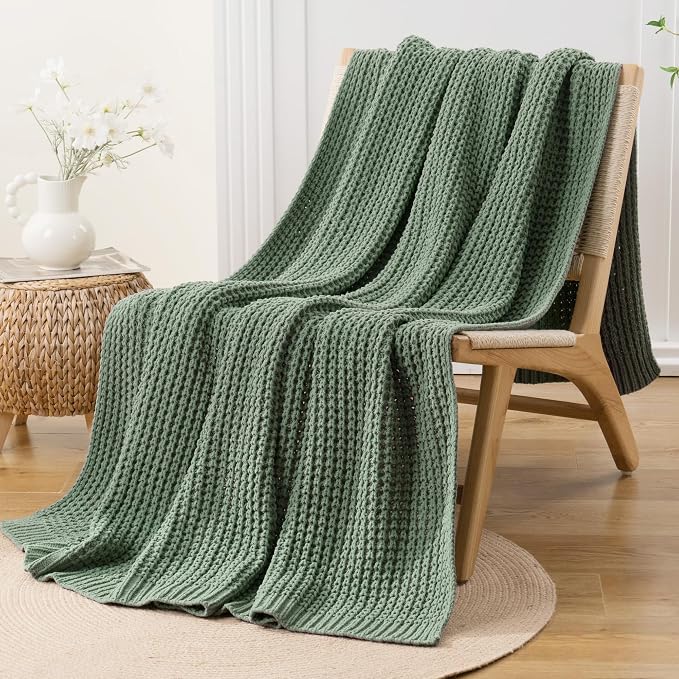 Bunnikins & Clover Knitted Waffle Throw Blanket 60x80 Inches, Sage Green Throw Blanket for Couch, Soft Cozy Chenille Knit Blanket Warm Decorative Throw for Sofa