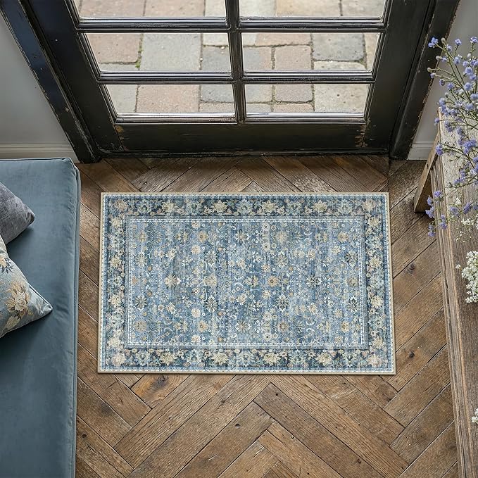 HUGEAR 2x3 Small Rug Machine Washable Area Rug Light Blue Entryway Rugs Entrance Door Mat Indoor Accent Rugs Floral Low Pile Carpet Distressed Throw Rug Kitchen Bedroom Office Non Slip