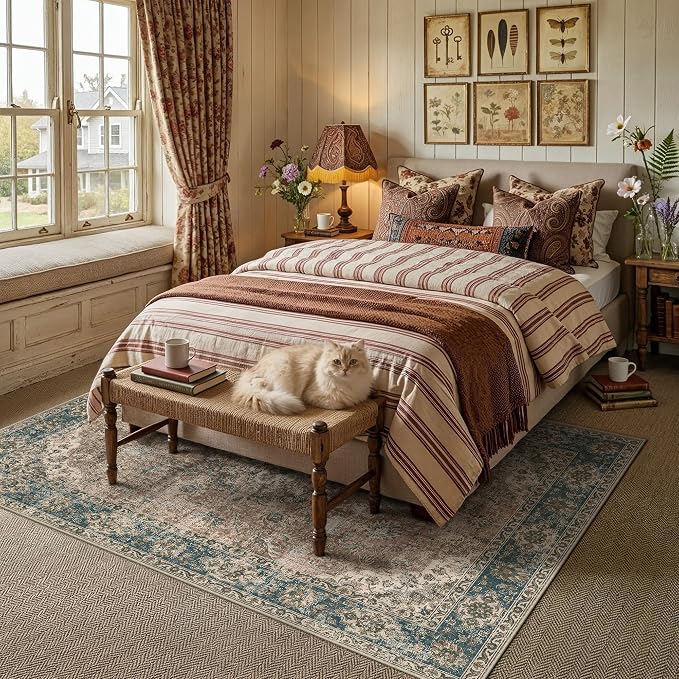 HUGEAR Area Rug 5x7 Machine Washable Living Room Rugs Blue Brown Distressed Vintage Floral Low Pile Carpet Bedroom Office Dining Room Laundry Room Non Slip Soft Lightweight