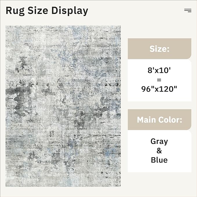 Soalmost Abstract Rug 8x10 Large Living Room Rugs Neutral Modern Washable Area Rugs for Bedroom Dining Room Non-Slip Stain Resistant Foldable Thin Rug Gray Blue