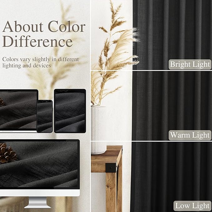 Black Linen Curtains 126 Inches Long 2 Panels Set for Living Room Extra Long Back Tab Curtain Neutral Farmhouse Light Filtering Semi Sheer Linen Drapes Ceiling to Floor for Large Window 52x126