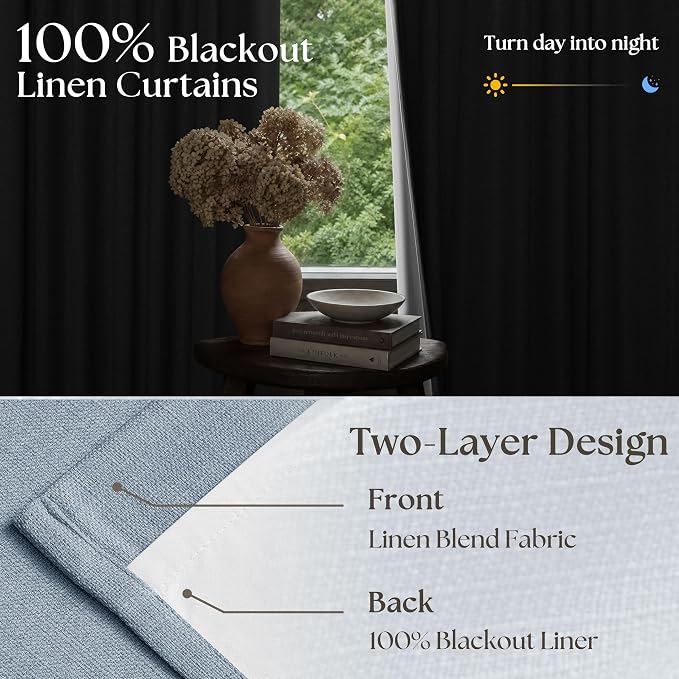 Light Blue 120 Inch Blackout Pinch Pleated Curtains 2 Panel Set for Living Room Darkening Thick Linen Textured 100% Black Out Drapes 120 Inches Long Pinch Pleat Light Blocking Bedroom for Babys Kids