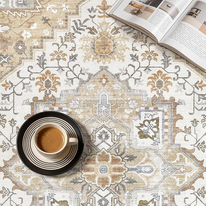 UERMEI 5x7 Area Rug for Living Room - Washable Vintage Carpet, Non-Slip Soft Large Indoor Floor Rugs for Bedroom Home Office & Under Dining Table Decor, Brown Beige