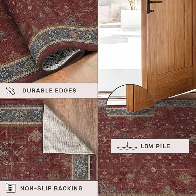 Dark Red 2'6''x10' Wide Hallway Runner Rug - 10ft Long Washable Non Slip Indoor Door Mats for Entryway, Low Pile & Soft Boho Geometric Floral Pattern Burgundy Area Rug