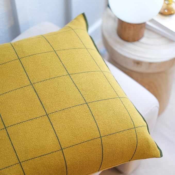 100% Soft Cotton Knitted Modern Window Pane Pillow Cover (Mustard)