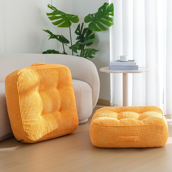 HIGOGOGO 8" Extra Thick Floor Pillow Cushion for Adults, Meditation Cushion Pillow, Large Square Floor Sitting, Tufted Corduroy Cover, for Tatami Living Room or Yoga, 22x22 Inch, 2Pack, Orange
