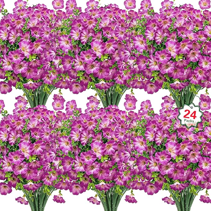 Ouddy Decor 24 Bundles Artificial Flowers for Outdoors, Fake Petunias Flowers Silk Morning Glory with Eucalyptus Faux Plants for Indoor Outside Spring Summer Yard Garden Porch Home Decor, Light Purple