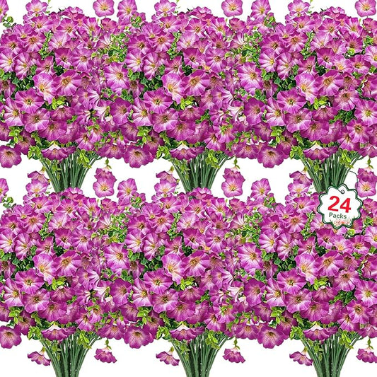 Ouddy Decor 24 Bundles Artificial Flowers for Outdoors, Fake Petunias Flowers Silk Morning Glory with Eucalyptus Faux Plants for Indoor Outside Spring Summer Yard Garden Porch Home Decor, Light Purple
