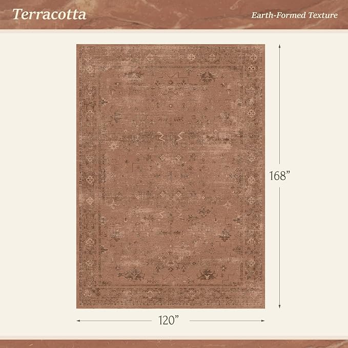 TALANOVA Terracotta 10x14 Washable Area Rugs for Oversized Living Room, Non-Slip Low Pile Rust Vintage Geometric Rug, Distressed Southwestern Boho Decor for Bedroom & Dining Room