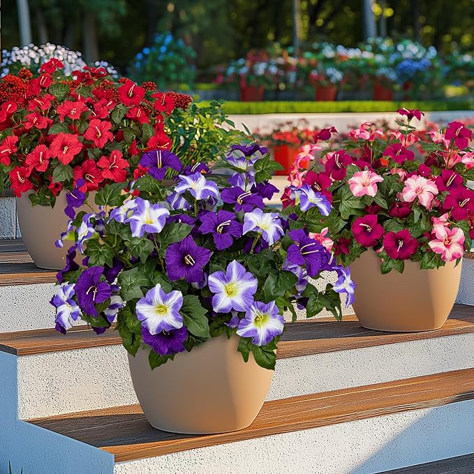 19 Inch Artificial Fake Flowers for Outdoor,4 Pcs Purple Faux Silk Petunias Spring Flowers for Outside for Indoor Porch Planter Front Door Garden Patio Window Box Home Decor