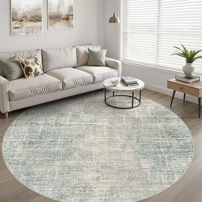7ft Round Rug Living Room: 7x7 Washable Large Neutral Green Circle Area Rug Abstract Soft Modern Stain Resistant Indoor Floor Non-Slip Carpet for Bedroom Nursery Kids Office Playroom Dining Room