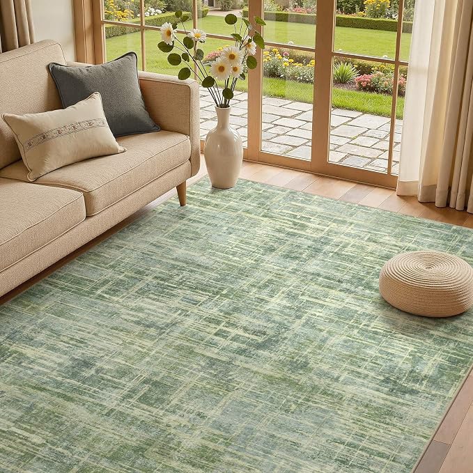 UERMEI 8x10 Washable Area Rug for Living Room: Modern Neutral Abstract Large Soft Low Pile Carpet Non-Slip Pet Kids Friendly Indoor Decor for Bedroom Dining Room Home Office Nursery Green