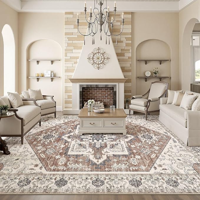 Area Rug 10x12 for Living Room - Washable Oriental Vintage Floral Distressed Large Indoor Carpets with Non Slip Back for Bedroom Dining Room Nursery Office Home Decor -Terracotta/Brown