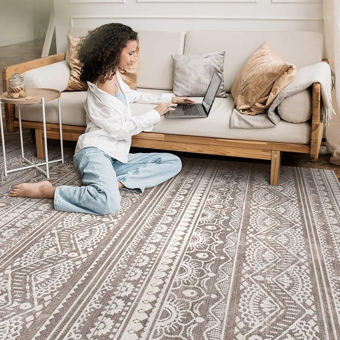 Tortania Area Rug Living Room Rugs - 10x14 Washable Large Soft Neutral Boho Moroccan Bohemian Farmhouse Rug Indoor Floor Carpet for Bedroom Under Dining Table Home Office Decor - Dark Brown