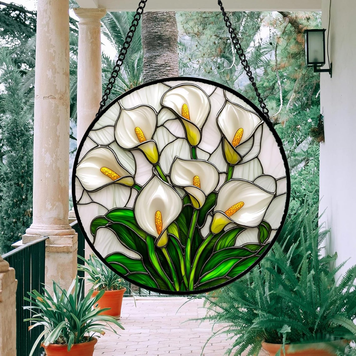 Stained Glass Window Hanging, White Calla Lily Suncatcher Diamond Glass Panel Hangings Flowers Sun Catchers Decor for Birthday for Women, Men, Wife, Aunt, and Mom 14.9x14.9 in