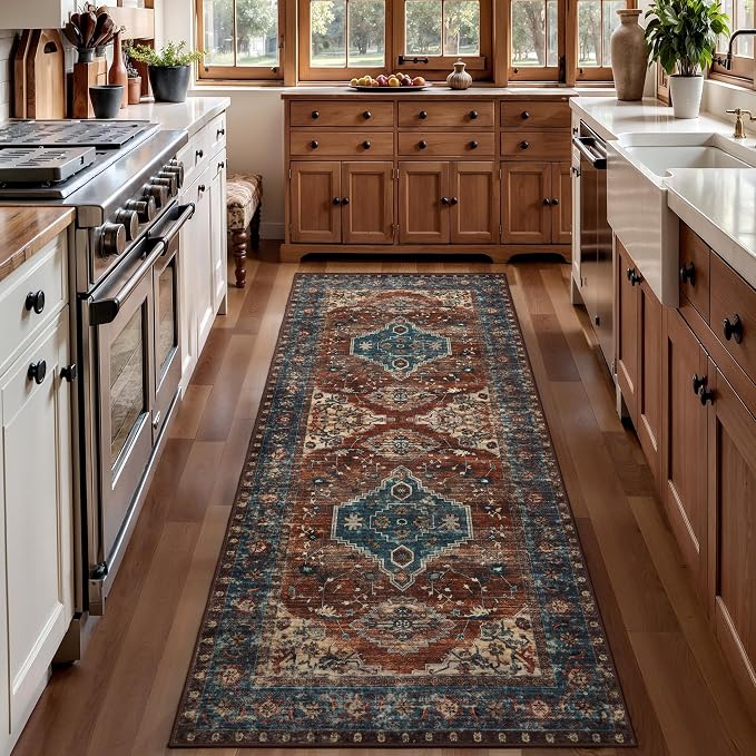 Tangsoo 2.6x8 Washable Runner Rug for Hallways, Non Slip Vintage Runner Rug, Soft Low Pile Long Rug Runner, Print Distressed Carpet Runners for Kitchen Bedroom Entryway Bathroom Living Room