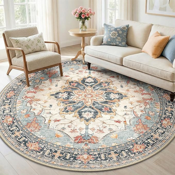 RELEANY Area Rugs 6ft Washable Non-Slip, Floral Vintage Distress Print Pattern Medallion Carpet for Living Room Bedroom Dining Room, Beige Navy Blue Orange Colorful