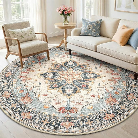 RELEANY Area Rugs 6ft Washable Non-Slip, Floral Vintage Distress Print Pattern Medallion Carpet for Living Room Bedroom Dining Room, Beige Navy Blue Orange Colorful