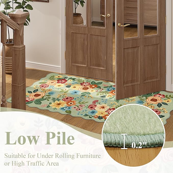 DUKINO 2x8 Washable Runner Rug, Lightweight Soft Floral Hallway Rug Runner with Low Pile Design, Non Shedding & Non Slip Backing Thin Indoor Carpet for Bedroom, Bathroom, Entrance, Kitchen, Green