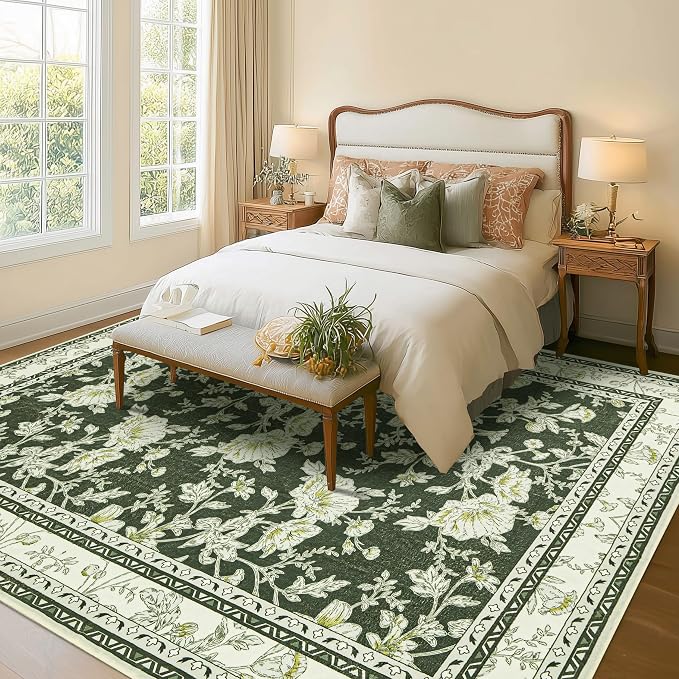 Olive Green Area Rugs 6x9 Living Room Washable Boho Vintage Sketch Floral Cream Beige Rugs for Bedroom Non Slip Soft Carpet for Dining Room Kids Girls Nursery, Lounge Peony Lily Pattern Floral Rug