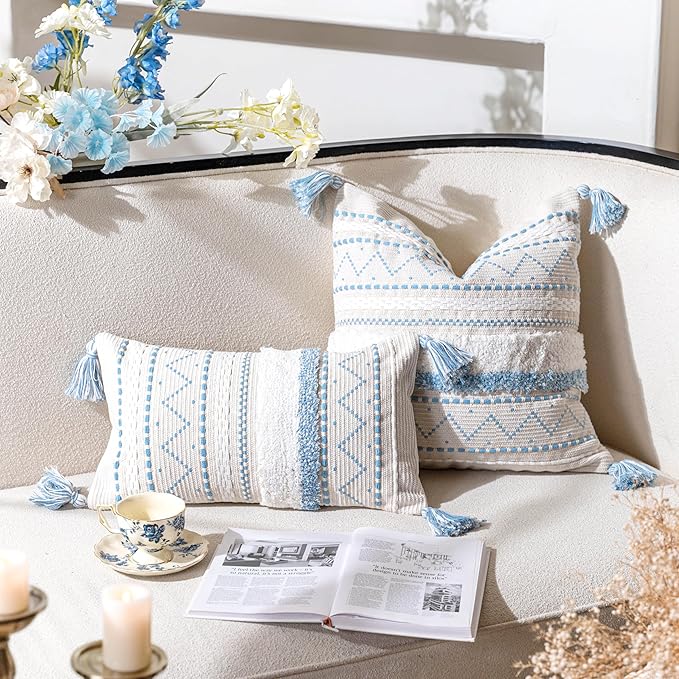 BlissBlush 18X18 Throw Pillow Cover, Coastal Blue Square Decorative Cushion Cover, Boho Accent Pillowcase with Tassels for Couch Sofa Living Room (Cover Only)