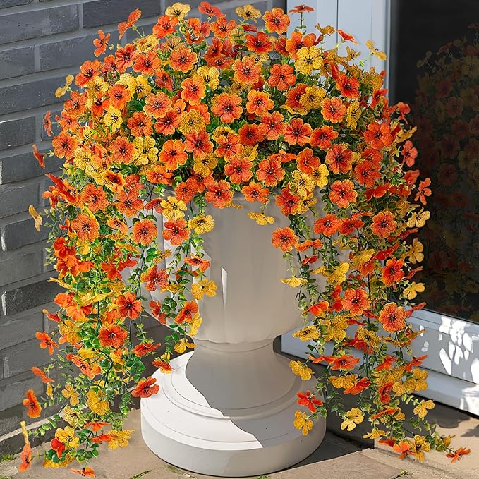 Ammyoo Artificial Hanging Flowers for Outdoors Fake Plants Decoration, 2 Packs Faux Silk Daisy Flower Realistic Outdoor Flowers UV Resistant Porch Patio Window Yard Indoor Spring Decor(Yellow Orange)