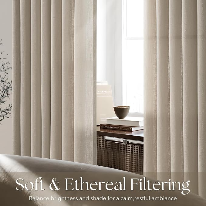 Linen Pinch Pleated Curtains 45 Inch Length 2 Panels for Living Room Bedroom Textured Semi Sheer Drapes Pinch Pleat Rings Window Curtain 40x45
