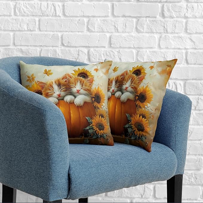 Fall Pillow Covers 16x16 Set of 2 Lovely Cat Pumpkin Sunflower Throw Pillow Covers Autumn Harvest Farmhouse Pillowcase Double Sided Printing Cushion Case for Patio Outdoor Sofa