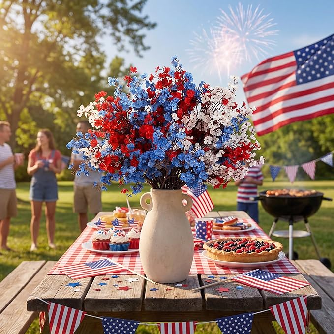 Lyrow 48 Pcs Red Blue White Patriotic Artificial Flowers 4th of July 250th Anniversary Table Centerpieces Decor Fake Babys Breath Pick Stems Floral Arrangement for Veterans Memorial Day Home Outdoor
