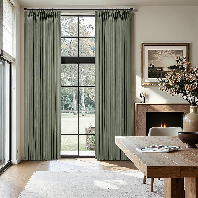 Sage Green Pinch Pleated Linen Curtains 120 Inches Long for Living Room Bedroom with Rings Hooks Clips Back Tab Semi Sheer Curtains Light Filtering Boho Farmhouse Drapes Light Green
