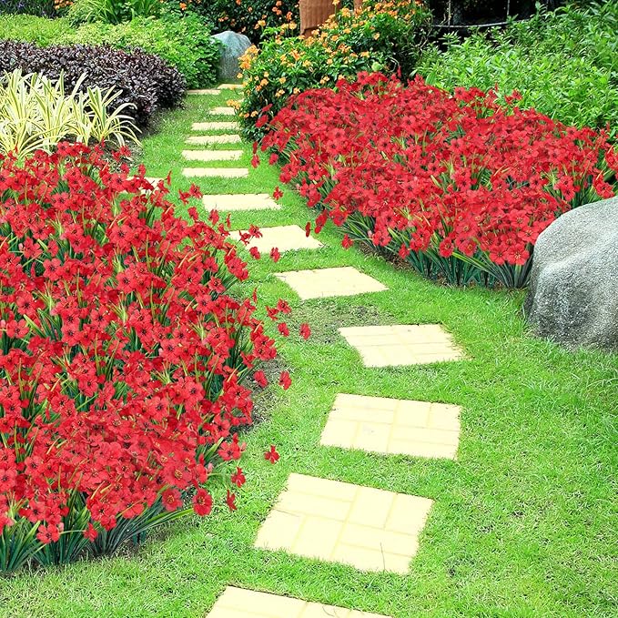 Ouddy Decor 12 Bundles Artificial Flowers for Decorations Fake Silk Plants for Outdoor Indoor UV Resistant Faux Plastic Greenery Stems for Window Box Garden Porch Home Spring Decoration, Red