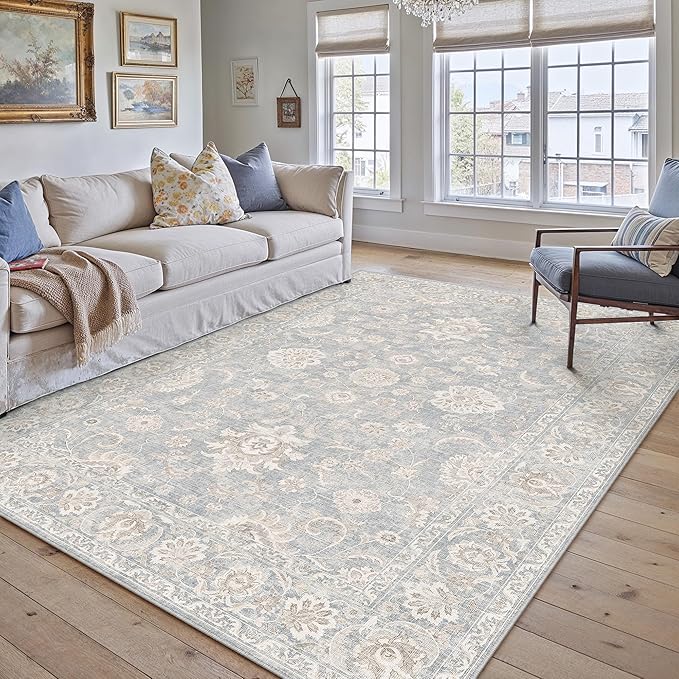 6x9 Blue Cream Washable Area Rug for Living Room Bedroom Neutral Floral Soft Non Slip Rug Low Pile Distressed Carpet for Dining Room Nursery Office Indoor