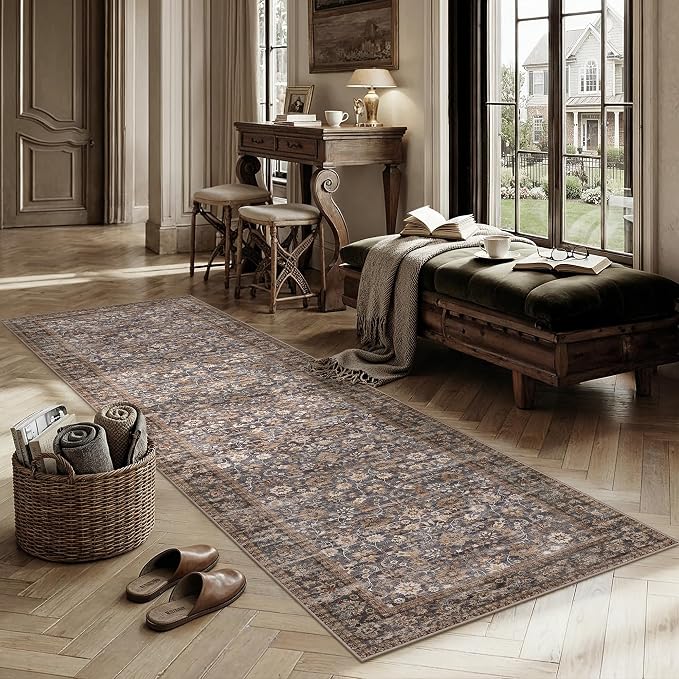 HUGEAR 2'6''x8 Runner Rug Machine Washable Tradition Brown Hallway Area Rugs Indoor Accent Rugs Floral Low Pile Carpet Distressed Throw Rug Bedroom Living Room Office Dining Kitchen Laundry Non Slip