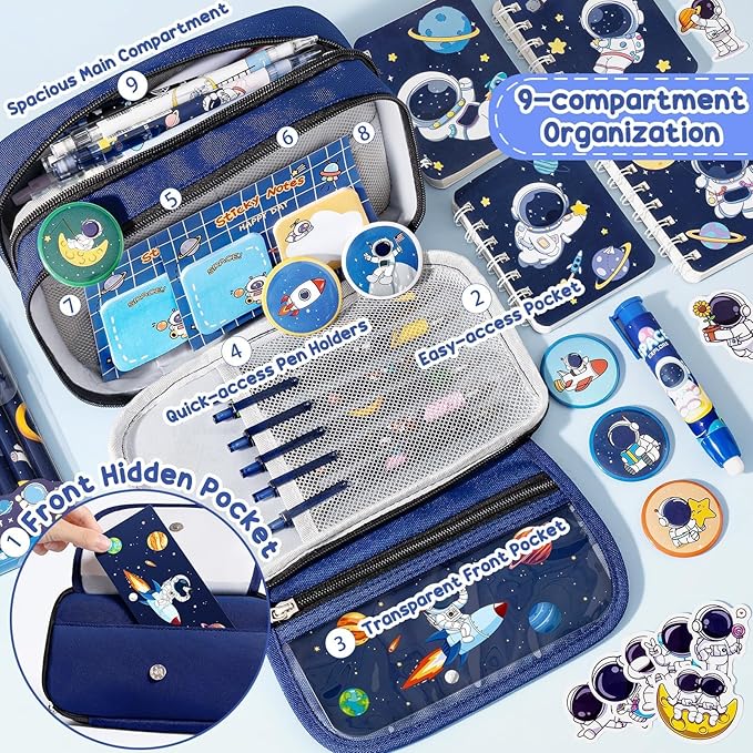 Fimibuke Kids Backpack for School Boys, 30PCS Space Toddler School Supplies Stationery Set with Bookbag Pencil Case Pins Gel Pens Pencils Notebooks Easter Gifts for Kindergarten Elementary Student