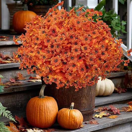 AXYLEX Artificial Fall Flowers Outdoor Fake Mums - 16 Bundles Fake Plants UV Resistant No Fade Faux Plastic Greenery Garden Porch Patio Fall Home Decor (Orangeyellow)