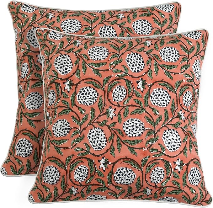 Ridhi Block Print Dark Salmon Pink Pillow Cover 18" x 18" (Pack of 2) Decorative Couch Pillows for Living Room, Chic Boho Cute Outdoor Pillows Covers Gifts for Spring, Easter and Valentine