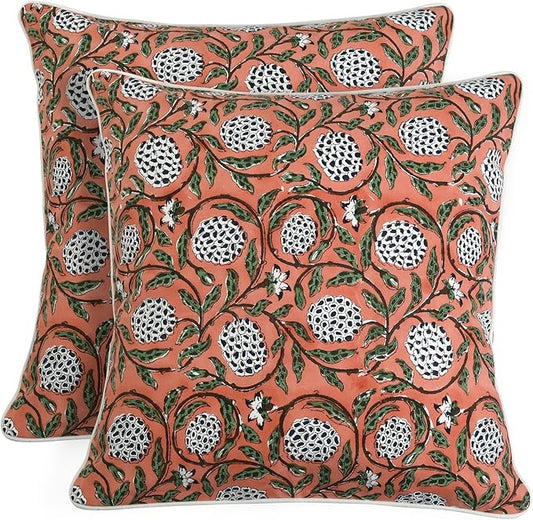 Ridhi Block Print Dark Salmon Pink Pillow Cover 18" x 18" (Pack of 2) Decorative Couch Pillows for Living Room, Chic Boho Cute Outdoor Pillows Covers Gifts for Spring, Easter and Valentine